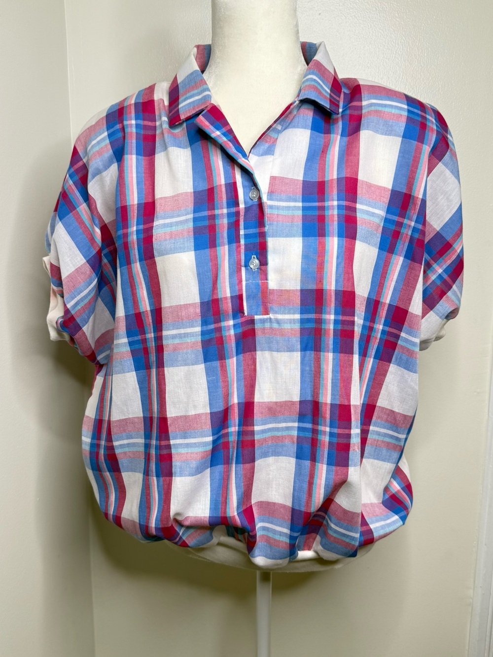 Vintage 80s Claudia Plaid Top No Size Banded Bottom Red White Blue Thin Material